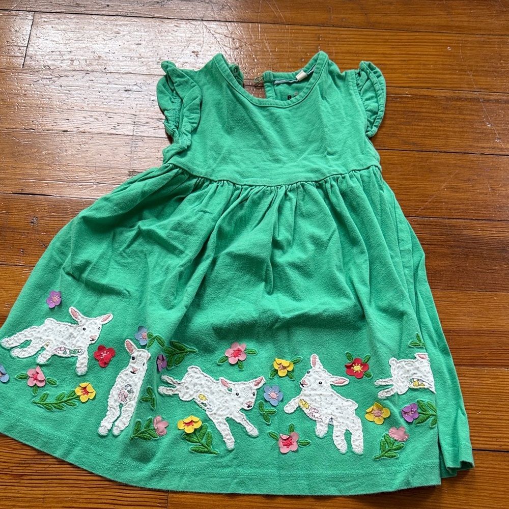 Mini Boden Girls' Green Lamb Appliqué Dress